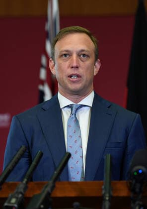 QUEENSLAND HEALTH COVID-19 PRESSER, Queensland Health Minister Steven Miles speaks during a press conference at Parliament House in Brisbane, Thursday, March 26, 2020. Queensland schools will be student-free from next week and the state s borders have been shut due to the coronavirus COVID-19 pandemic. ( NO ARCHIVING, EDITORIAL USE ONLY, NO USE IN BOOKS WITHOUT CONSENT BRISBANE QUEENSLAND AUSTRALIA  Copyright: xDANxPELEDx 20200326001460070503
