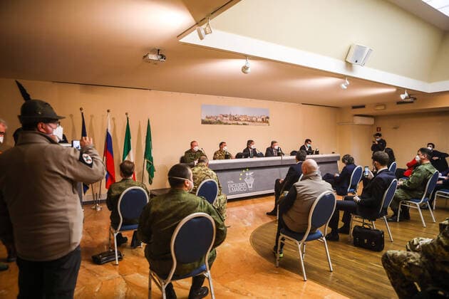 Bergamo, Hotel Excelsior, 26-03-2020. Press conference of the Russian team who came to Italy to help the country fight Covid-19.  Copyright: xSimonexBergamaschix xIPAx xSimonexBergamaschix