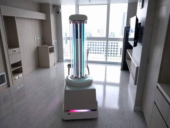 March 25, 2020: Robots are helping to fight against coronavirus by disinfecting hospital rooms with a powerful concentrated UV light...Developed by Danish company UVD Robots, the autonomous machines are used as part of regular cleaning cycles and are extremely helpful at preventing and reducing the spread of infectious diseases, viral infections, bacteria and other types of harmful organic microorganisms in the environment by breaking down their DNA-structure...The UVD robots have eight light bulbs that emit UV-C ultraviolet light able to destroy bacteria, virus, and other harmful microbes...Once inside a room, the robot will take around 20 minutes to completely disinfect it by damaging the DNA and RNA of microbes, stopping them from multiplying...As the light is harmful to humans too, people are required to stay outside while the robot d - ZUMAc218 20200325_zia_c218_051 Copyright: xCOVERxImagesx
