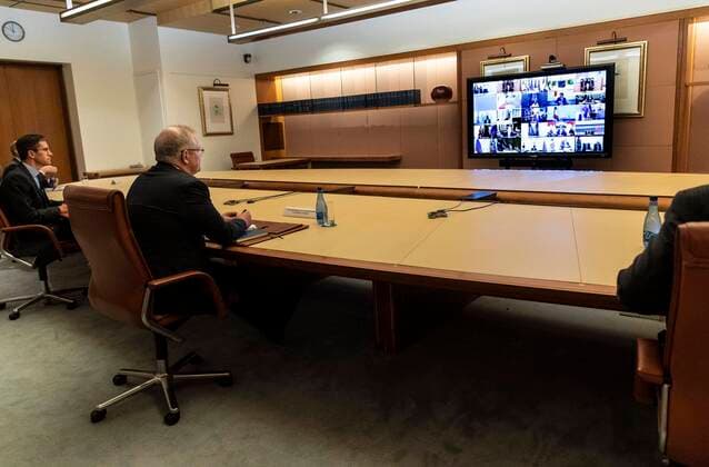 G20 LEADERS TELECONFERENCE, Australian Prime Minister Scott Morrison during an unusual G20 Leaders Summit to discuss the international coronavirus crisis at Parliament House in Canberra, Thursday, March 26, 2020. ( NO ARCHIVING, EDITORIAL USE ONLY, NO USE IN BOOKS WITHOUT CONSENT CANBERRA ACT AUSTRALIA  Copyright: xGARYxRAMAGEx 20200326001460270055