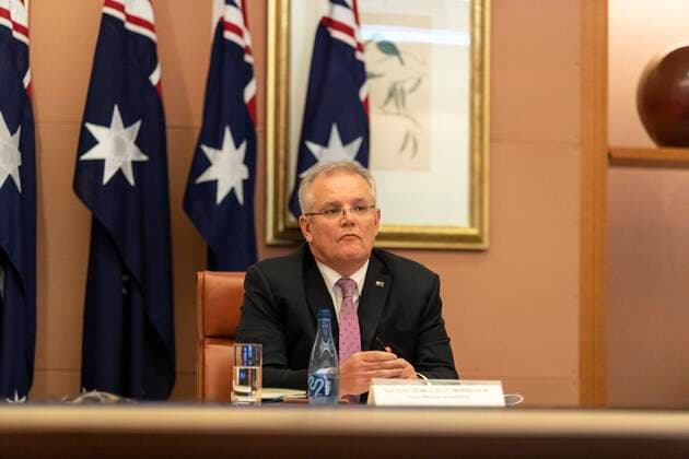 G20 LEADERS TELECONFERENCE, Australian Prime Minister Scott Morrison during an unusual G20 Leaders Summit to discuss the international coronavirus crisis at Parliament House in Canberra, Thursday, March 26, 2020. ( NO ARCHIVING, EDITORIAL USE ONLY, NO USE IN BOOKS WITHOUT CONSENT CANBERRA ACT AUSTRALIA  Copyright: xGARYxRAMAGEx 20200326001460270140