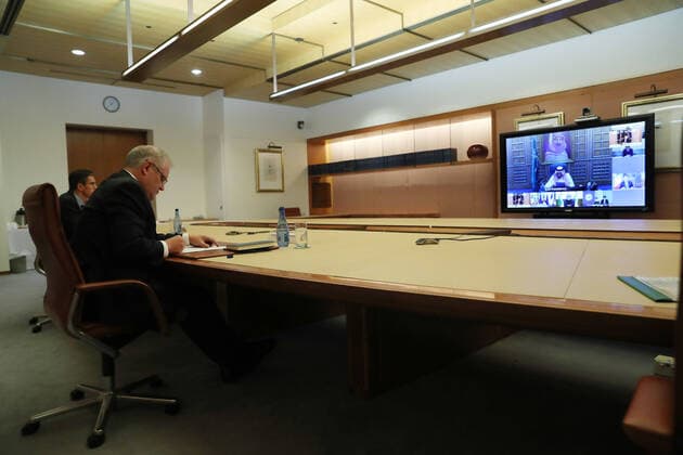G20 LEADERS TELECONFERENCE, Australian Prime Minister Scott Morrison during an unusual G20 Leaders Summit to discuss the international coronavirus crisis at Parliament House in Canberra, Thursday, March 26, 2020. ( NO ARCHIVING, EDITORIAL USE ONLY, NO USE IN BOOKS WITHOUT CONSENT CANBERRA ACT AUSTRALIA  Copyright: xGARYxRAMAGEx 20200327001460276243