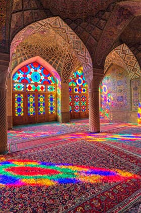 Nasir-ol-Molk Mosque (Pink Mosque), light patterns from colored stained glass illuminating the iwan, Shiraz, Fars Province, Iran, Middle East Copyright: G&MxTherin-Weise 1131-1406