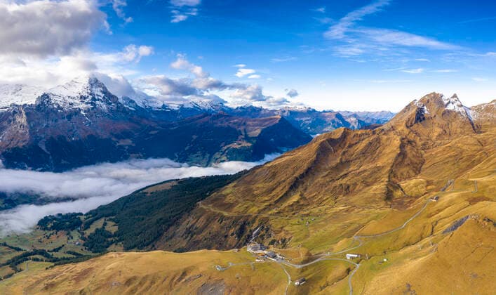 Aerial panoramic of Eiger and sea of clouds surrounding First and Grindelwald in autumn, Bernese Alps, Canton of Bern, Switzerland, Europe Copyright: RobertoxMoiola 1179-4234