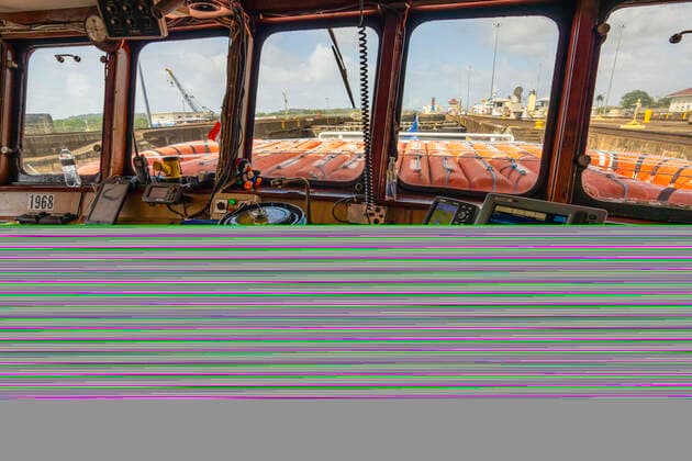 A view from the bridge of a ship passing through the Gatun Locks on the Panama Canal, Panama, Central America Copyright: SpencerxClark 1320-88