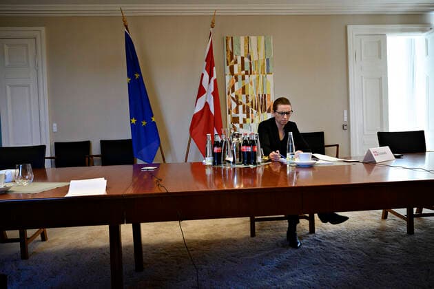 Statsminister Mette Frederiksen (S) holder EU-topmoede med EU s stats- og regeringschefer paa en videokonference fra Marienborg, torsdag den 26. marts 2020. Paa dagsorden er COVID-19 coronavirus- initiativer og tiltag som foelge af dette.. , Kongens Lyngby Denmark Copyright: PhilipxDavali PhilipxDavalix spdk20200326-165737-L