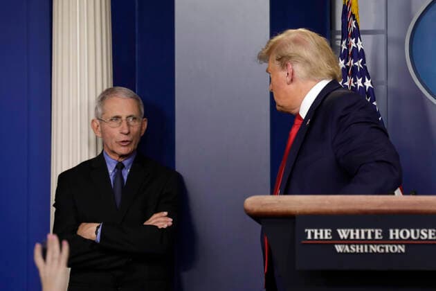March 26, 2020, Washington, District of Columbia, USA: Director of the National Institute of Allergy and Infectious Diseases at the National Institutes of Health Dr. Anthony Fauci, left, talks to United States President Donald J. Trump, right, after his press briefing on the Coronavirus COVID-19 pandemic with members of the Coronavirus Task Force at the White House in Washington on March 26, 2020. .Credit: Pool via CNP Washington USA - ZUMAs152 20200326_zaa_s152_046 Copyright: xYurixGripasx