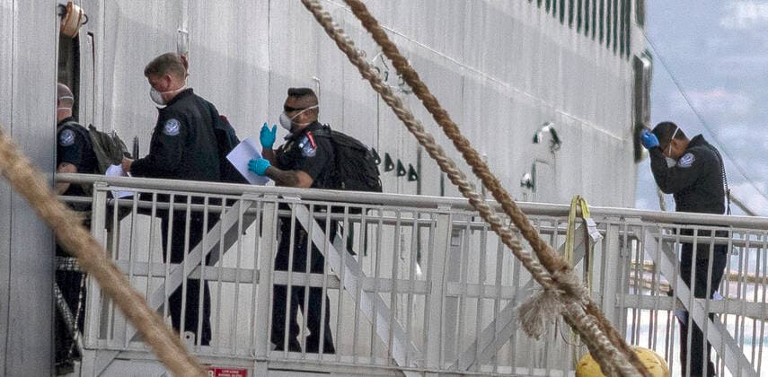 March 26, 2020, San Diego, California, USA: Public health workers board the cruise ship Maasdam, where they will be testing passengers and crew for the COVID-19 virus. On March 20, 2020, Maasdam was denied permission to disembark passengers in Hawaii because of concerns about the COVID-19 virus. Hawaii did allow six residents, a woman with a broken leg and her spouse to leave the ship in Honolulu. Maasdam was allowed to dock in San Diego on March 26, and passengers will be allowed to leave in groups after testing confirms their infection status, a process that could take a day or more. San Diego USA - ZUMAb202 20200326_znp_b202_007 Copyright: xDavidxBarakx