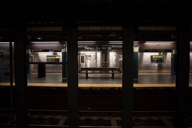 (200327) -- NEW YORK, March 27, 2020 -- A train leaves the empty Times Square subway station in New York, the United States, March 26, 2020. The United States reported 82,404 confirmed COVID-19 cases as of 6 p.m. U.S. Eastern Time on Thursday (2200 GMT), according to the Center for Systems Science and Engineering (CSSE) at Johns Hopkins University. The United States has surpassed China to become the country with most COVID-19 cases in the world, according to the CSSE. (Photo by Michael Nagle Xinhua) U.S.-NEW YORK-COVID-19-CASES MxIchaelNagle wangying 