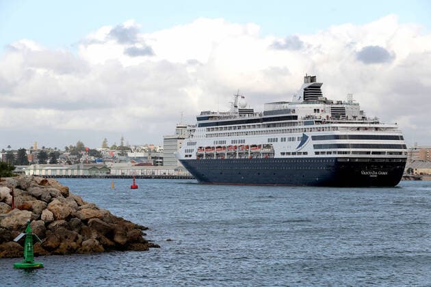 COVID-19 CRUISE PASSENGERS PERTH, The Vasco da Gama cruise ship is seen arriving in Fremantle harbour in Fremantle on Friday, March 27, 2020. 800 Australian passengers from the Vasco da Gama cruise ship will be quarantined either on WA s Rottnest Island or in a hotel for two weeks, while 9 people confirmed or suspected of being infected with coronavirus have disembarked from the Artania cruise ship and will be treated in Perth. ( NO ARCHIVING, EDITORIAL USE ONLY, NO USE IN BOOKS WITHOUT CONSENT PERTH WA AUSTRALIA  Copyright: xRICHARDxWAINWRIGHTx 20200327001460424141