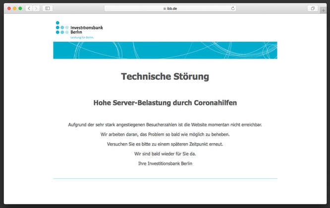 27.03.2020, Berlin, Deutschland, GER - Hinweis auf eine technische Störung der Website der Investitionsbank Berlin aufgrund der Corona Zuschüsse.