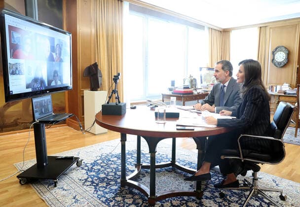 27-03-2020 King Felipe and Queen Letizia during a videoconference with the Spanish Committee of Representatives of People with Disabilities. at Zarzuela Palace in Madrid, Spain Its president Luis Cayo explained to them that, with COVID19, its fundamental mission is to look after people with disabilities and their families.  Copyright: xPPEx
