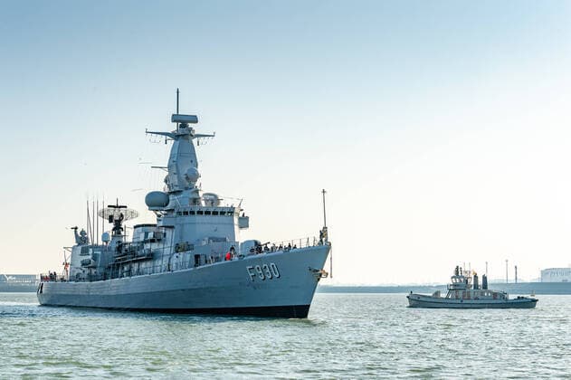 ATTENTION EDITORS - HAND OUT PICTURES - EDITORIAL USE ONLY - MANDATORY CREDIT the arrival of Belgian frigate Leopold 1 in Zeebrugge, Friday 27 March 2020. One of the sailors on the frigate has a confirmed Corona virus infection and has left the ship earlier. Due to the strict measures following such an infection, the ship has returned earlier from its mission and all non-infected sailors must now stay in home quarantine.  HANDOUTxDEFENSIEx-xDEFENCExTBNxJORNxURBAIN 05786915