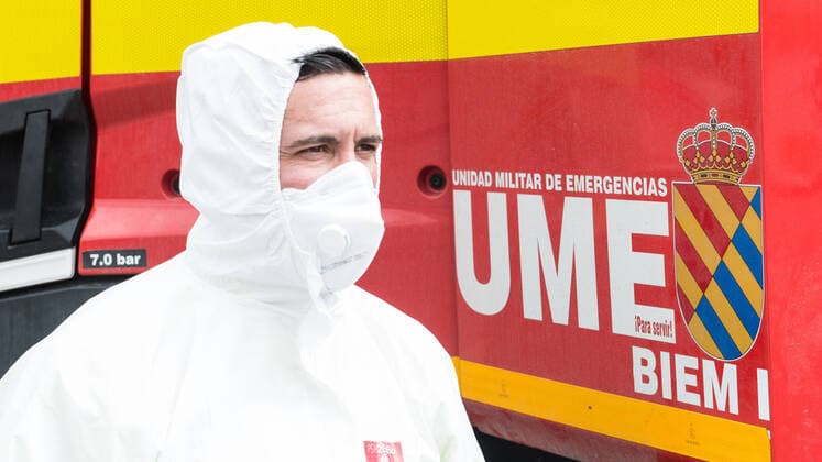 March 27, 2020, Madrid, MADRID, SPAIN: The members of the UME are preparing for a misdemeanor action at the Orpea Nursing Home at Sanchinarro (Madrid) during thetennth day after the Government declared the state of alarm in Spain and recommended people to stay at home to fight coronavirus COVID-19 on March 27, 2020 in Madrid, Spain Madrid SPAIN - ZUMAa181 20200327_zaa_a181_041 Copyright: xJoaquinxCorcherox