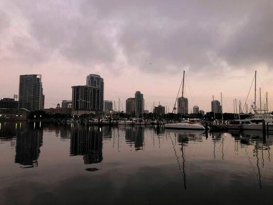 March 27, 2020, St. Petersburg, Florida, USA: A look at the city of St. Petersburg from Albert Whitted Park, at the southern tip of the downtown waterfront, during an overcast sunrise on Friday morning, March 27, 2020 in St. Petersburg. St. Petersburg USA - ZUMAs70_ 20200327_zan_s70_001 Copyright: xDirkxShaddx