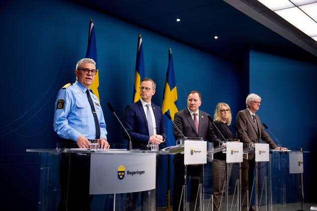 200327 Anders Thornberg, chief of police, Mikael Damberg, Minister for Home Affairs, Stefan Löfven, Prime Minister of Sweden Lena Hallengren, Minister for Health and Social Affairs, and Johan Carlson, Director General at The Public Health Agency, at a press conference with the government of Sweden regarding the coronavirus, covid-19, on March 27, 2020 in Stockholm. Copyright: MAXIMxTHORE 47099304st