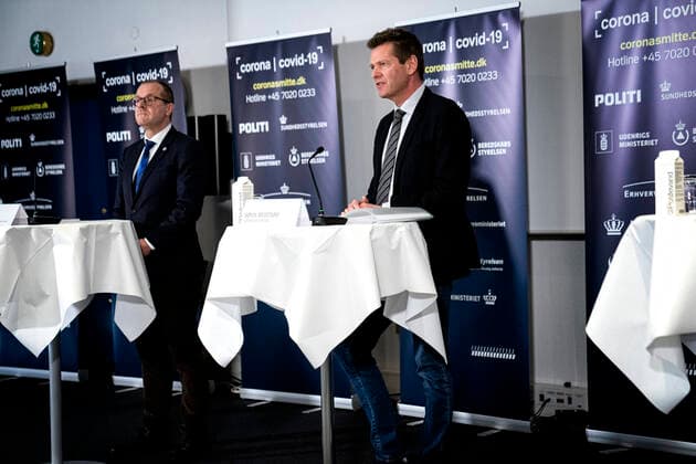 Sundhedsstyrelsens direktoer, Soeren Brostroem, afholder pressebrief sammen med direktoer for WHO Europa, Hans Kluge og giver status paa den danske haandtering af coronavirus covid19 i Eigtveds Pakhus fredag den 27. marts 2020. , Copenhagen Denmark Copyright: RitzauxScanpix IdaxGuldbaekxArentsenx cop110 spdk20200327-150503-L