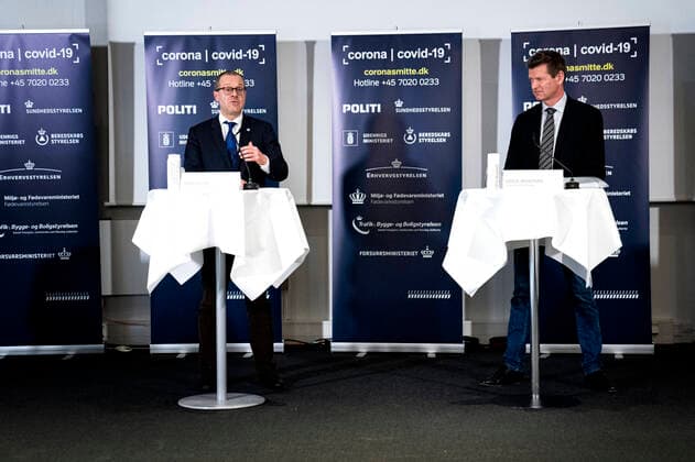Sundhedsstyrelsens direktoer, Soeren Brostroem, afholder pressebrief sammen med direktoer for WHO Europa, Hans Kluge og giver status paa den danske haandtering af coronavirus covid19 i Eigtveds Pakhus fredag den 27. marts 2020. , Copenhagen Denmark Copyright: RitzauxScanpix IdaxGuldbaekxArentsenx cop110 spdk20200327-150508-L