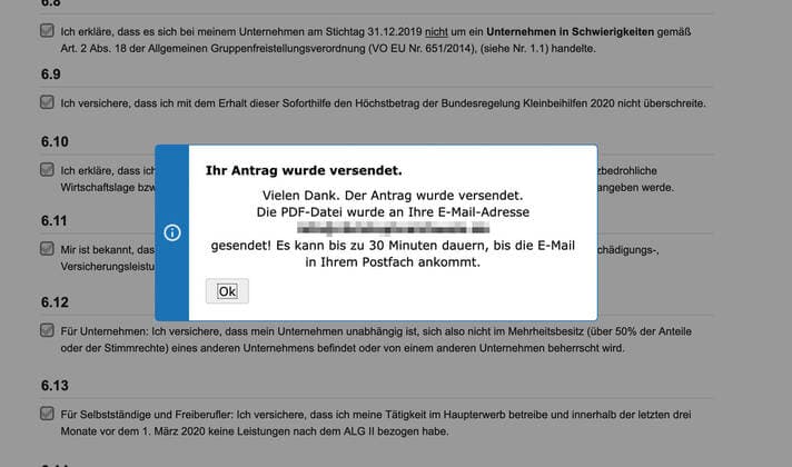 27.03.2020, NRW , Ab dem Mittag können Solo-Selbstständige und Kleinstunternehmen im Rahmen der Coronakrise Soforthilfe vom Bund beantragen. Hier ein Screenshot einer eingereichten und beantragten Soforthilfe.