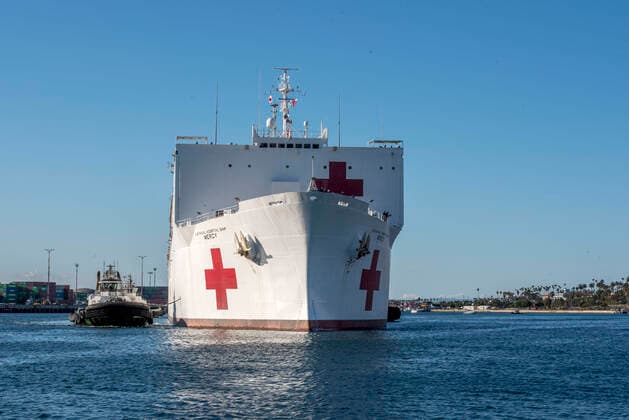 March 27, 2020, Los Angeles, California, USA: In this photo released by the United States Navy, the Military Sealift Command hospital ship USNS Mercy (T-AH 19) arrives in Los Angeles, California, March 27, 2020. Mercy deployed in support of the nation™s COVID-19 response efforts, and will serve as a referral hospital for non-COVID-19 patients currently admitted to shore-based hospitals. Los Angeles USA - ZUMAs152 20200327_zaa_s152_003 Copyright: xDavidxMorax