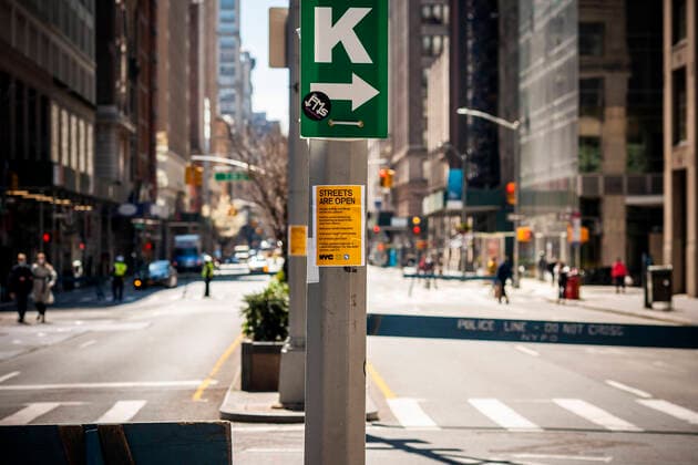 New York during the COVID-19 pandemic People take advantage of the closed to traffic Park Avenue in New York on Friday, March 27, 2020. To take pressure off the parks New York has closed four streets, one each in Manhattan, Brooklyn, Queens and the Bronx, to vehicular traffic so people can take a walk while social distancing. (  RichardxB.xLevine