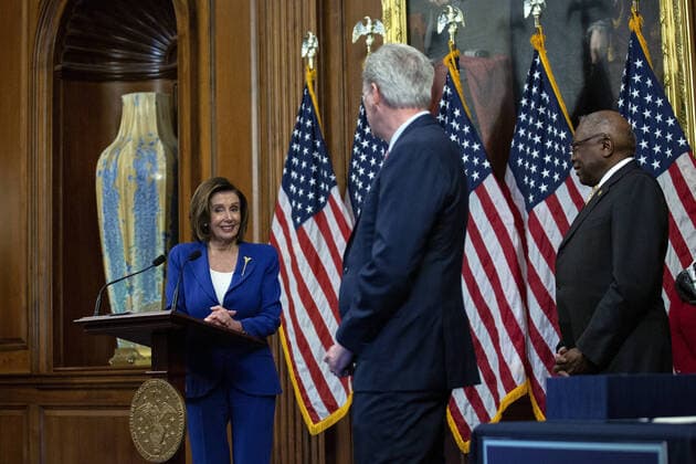 Speaker of the House Nancy Pelosi speaks during a signing ceremony after the House passed the $2.2 trillion CARES Act at the U.S. Capitol on Friday, March 27, 2020 in Washington, D.C. The stimulus bill, the largest in U.S history, provides economic bailouts to companies, independent contractors and includes direct payments to individuals as the U.S. suffers from the COVID-19 pandemic.  WAP202003278035 STEFANIxREYNOLDS