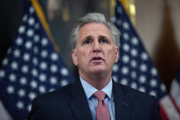 House Minority Leader Kevin McCarthy speaks during a signing ceremony after the House passed the $2.2 trillion CARES Act at the U.S. Capitol on Friday, March 27, 2020 in Washington, D.C. The stimulus bill, the largest in U.S history, provides economic bailouts to companies, independent contractors and includes direct payments to individuals as the U.S. suffers from the COVID-19 pandemic.  WAP202003278031 STEFANIxREYNOLDS