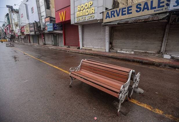 NEW DELHI, INDIA - MARCH 27: Shops closed, on day 3 of the three week nationwide lockdown to check the spread of Coronavirus COVID-19 , at Central Market, Lajpat Nagar II on March 27, 2020 in New Delhi, India. (Photo by Biplov Bhuyan Hindustan Times) India Goes Into 21 Day Lockdown Due To Coronavirus COVID-19