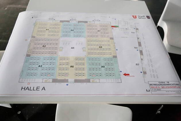 Coronavirus Sars-CoV-2 COVID-19 Krise:: Groß Lazarett in der Messe Wien Wien, 27.03.2020 Betreuungseinrichtung mit 880 Betten auf etwa 15.000 Quadratmeter in der Halle A Corona Corona-Virus CoV 2 Covid 19 Sars Virus Virusinfektion Österreich Wien Pandemie Krise Lazarett Lageplan Wien Austria