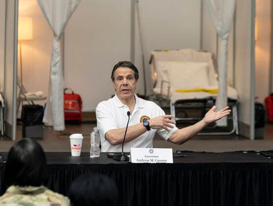 NY: Andrew Cuomo addresses National Guard members Governor Andrew Cuomo addresses National Guard members and media praising complition of makeshift hospitals at Jacob Javits Center New York New York United States Copyright: LevxRadin