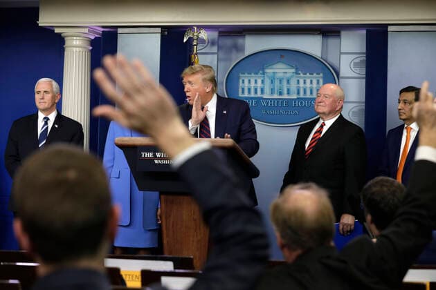 March 27, 2020, Washington, District of Columbia, USA: United States President Donald J. Trump speaks during a press briefing on the Coronavirus COVID-19 pandemic with members of the Coronavirus Task Force at the White House in Washington, DC on March 27, 2020. .Credit: Pool via CNP Washington USA - ZUMAs152 20200327_zaa_s152_070 Copyright: xYurixGripasx