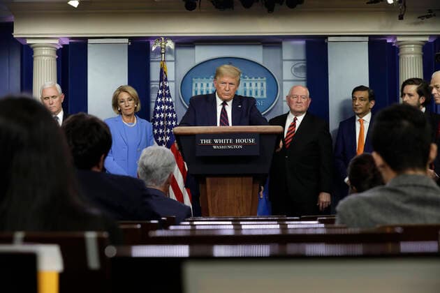 March 27, 2020, Washington, District of Columbia, USA: United States President Donald J. Trump speaks during a press briefing on the Coronavirus COVID-19 pandemic with members of the Coronavirus Task Force at the White House in Washington, DC on March 27, 2020. .Credit: Pool via CNP Washington USA - ZUMAs152 20200327_zaa_s152_073 Copyright: xYurixGripasx
