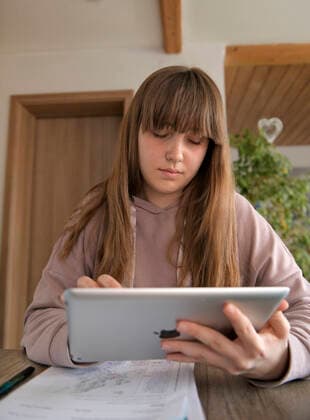 28.02.2020, Kinder und Familie, (Modelreleased). Home Schooling, Kinder in Bayern machen wegen der Corona-Pandemie Unterricht von Zuhause aus. Mädchen sitzt am Schreibtisch und lernt ihre Unterrichts-Aufgaben auf dem iPad 28.02.2020, Kinder und Familie, homeschooling 28.02.2020, Kinder und Familie, homeschooling