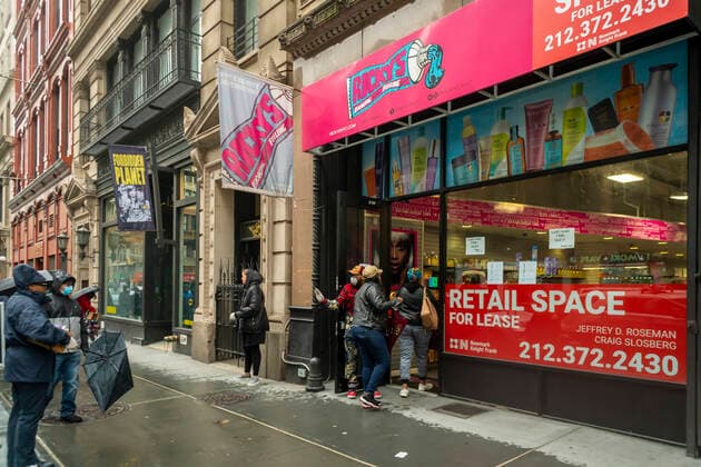 New York during the COVID-19 pandemic Customers line up outside Ricky™s NYC on Broadway in New York to buy hand sanitizer and toilet paper on Saturday, March 28, 2020. Ricky™s is selling the products at cost, with a limit of two per customer, until their existing stock is sold out.(  RichardxB.xLevine