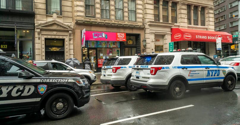 New York during the COVID-19 pandemic NYPD vehicles outside Ricky™s NYC on Broadway in New York as customers line up to buy hand sanitizer and toilet paper on Saturday, March 28, 2020. Ricky™s is selling the products at cost, with a limit of two per customer, until their existing stock is sold out.(  RichardxB.xLevine