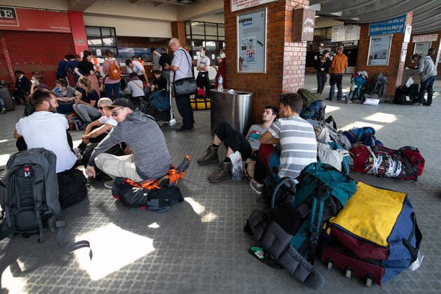 March 27, 2020, Kathmandu, Nepal: Tourists from Germany who have been stranded in Nepal due to the government-imposed lock down amid concerns over the spread of Coronavirus, wait for their chartered flight back home, at Tribhuvan International Airport in Kathmandu. Kathmandu Nepal - ZUMA Pla 20200327_mda_s197_268 Copyright: xPrabinxRanabhatx