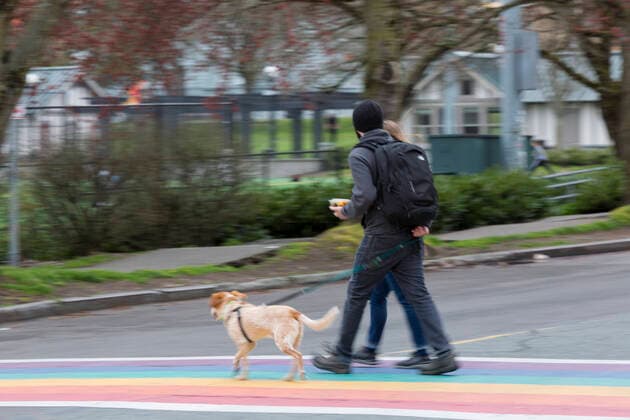 March 28, 2020, Seattle, Washington, U.S: A young couple walk their dog near Cal Anderson Park in Seattleâ€⠢s Capitol Hill neighborhood on Saturday, March 28, 2020. Under governor Jay Insleeâ€⠢s statewide stay home proclamation, now extended until April 6, people are able to leave their homes only for essential activities including grocery shopping, exercise and caring for a family member, friend or pet. Seattle U.S. - ZUMAg235 20200328_zap_g235_014 Copyright: xPaulxChristianxGordonx