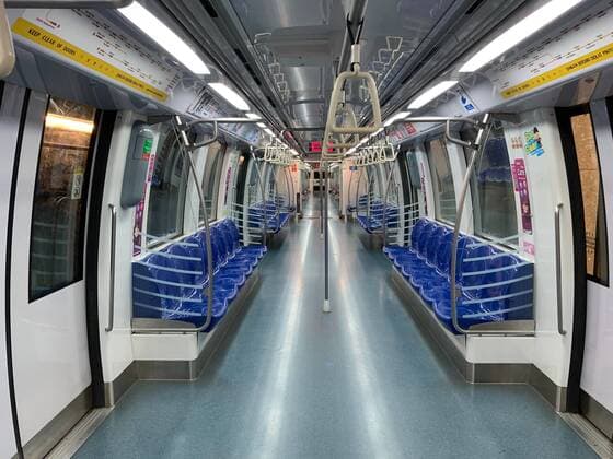 An empty train carriage at Bayfront MRT station on the Circle Line in Singapore on March 29, 2020. Normally many tourists use this MRT station to visit the Marina Bay Sounds but it was very quiet due to social distancing and fears over the coronavirus.  (124846080)
