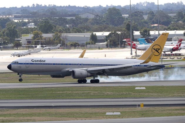 COVID-19 CRUISE PASSENGERS PERTH, The first Condor Airlines aircraft arrives at Perth International airport on Sunday, March 29, 2020. Four Condor Airlines charter flights are arriving from Frankfurt in Germany via Phuket in Thailand to repatriate passengers from the coronavirus-infected cruise ship MS Artania which docked in Fremantle harbour on Friday with approximately 800 passengers, mostly from Germany and 500 crew on board. Nine passengers and crew from the vessel have tested positive for coronavirus and were taken to hospitals in Perth. Another 46 people were showing virus-type symptoms. ( NO ARCHIVING, EDITORIAL USE ONLY, NO USE IN BOOKS WITHOUT CONSENT PERTH WA AUSTRALIA  Copyright: xRICHARDxWAINWRIGHTx 20200329001460691331
