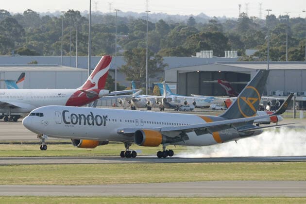 COVID-19 CRUISE PASSENGERS PERTH, The second Condor Airlines aircraft arrives at Perth International airport on Sunday, March 29, 2020. Four Condor Airlines charter flights are arriving from Frankfurt in Germany via Phuket in Thailand to repatriate passengers from the coronavirus-infected cruise ship MS Artania which docked in Fremantle harbour on Friday with approximately 800 passengers, mostly from Germany and 500 crew on board. Nine passengers and crew from the vessel have tested positive for coronavirus and were taken to hospitals in Perth. Another 46 people were showing virus-type symptoms. ( NO ARCHIVING, EDITORIAL USE ONLY, NO USE IN BOOKS WITHOUT CONSENT PERTH WA AUSTRALIA  Copyright: xRICHARDxWAINWRIGHTx 20200329001460696287
