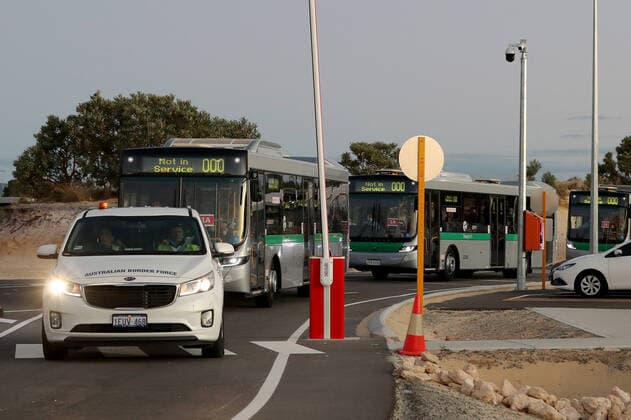 COVID-19 CRUISE PASSENGERS PERTH, Passengers from the cruise ship MS Artania are seen arriving at Perth International airport on TransPerth buses before boarding a Condor Airlines charter flight back to Germany on Sunday, March 29, 2020. Four Condor Airlines charter flights are scheduled to arrive from Frankfurt in Germany via Phuket in Thailand to repatriate passengers from the coronavirus-infected cruise ship MS Artania which docked in Fremantle harbour on Friday with approximately 800 passengers, mostly from Germany and 500 crew on board. Nine passengers and crew from the vessel have tested positive for coronavirus and were taken to hospitals in Perth. Another 46 people were showing virus-type symptoms. ( NO ARCHIVING, EDITORIAL USE ONLY, NO USE IN BOOKS WITHOUT CONSENT PERTH WA AUSTRALIA  Copyright: xRICHARDxWAINWRIGHTx 20200329001460703428