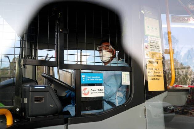 COVID-19 CRUISE PASSENGERS PERTH, A bus driver is seen transporting passengers from the cruise ship MS Artania to Perth International airport on a TransPerth buses before boarding a Condor Airlines charter flight back to Germany on Sunday, March 29, 2020. Four Condor Airlines charter flights are scheduled to arrive from Frankfurt in Germany via Phuket in Thailand to repatriate passengers from the coronavirus-infected cruise ship MS Artania which docked in Fremantle harbour on Friday with approximately 800 passengers, mostly from Germany and 500 crew on board. Nine passengers and crew from the vessel have tested positive for coronavirus and were taken to hospitals in Perth. Another 46 people were showing virus-type symptoms. ( NO ARCHIVING, EDITORIAL USE ONLY, NO USE IN BOOKS WITHOUT CONSENT PERTH WA AUSTRALIA  Copyright: xRICHARDxWAINWRIGHTx 20200329001460704203