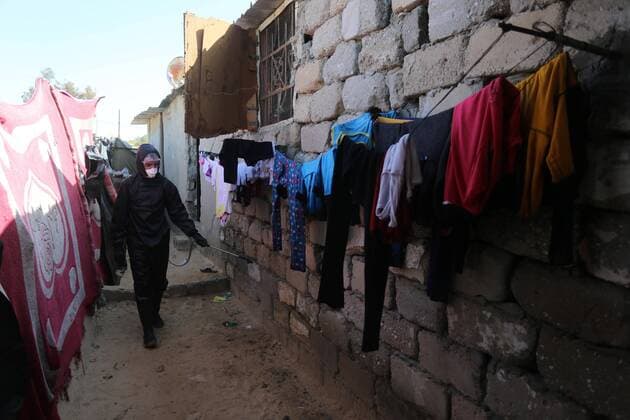 March 29, 2020, Khan Younis, Gaza Strip, Palestinian Territory: Palestinian workers spray disinfectant as a preventive measure amid fears of the spread of the coronavirus at Nahr al-Bared refugee camp in Khan Younis in the southern Gaza Strip on March 29, 2020 Khan Younis Palestinian Territory - ZUMAap3_ 20200329_zaf_ap3_055 Copyright: xAshrafxAmrax
