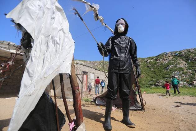 March 29, 2020, Khan Younis, Gaza Strip, Palestinian Territory: Palestinian workers spray disinfectant as a preventive measure amid fears of the spread of the coronavirus at Nahr al-Bared refugee camp in Khan Younis in the southern Gaza Strip on March 29, 2020 Khan Younis Palestinian Territory - ZUMAap3_ 20200329_zaf_ap3_063 Copyright: xAshrafxAmrax