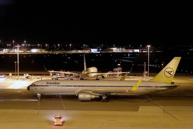 COVID-19 CRUISE PASSENGERS PERTH, The first Condor Airlines aircraft departs Perth International airport on Sunday, March 29, 2020. Four Condor Airlines charter flights are scheduled to leave for Frankfurt in Germany via Phuket in Thailand to repatriate passengers from the coronavirus-infected cruise ship MS Artania which docked in Fremantle harbour on Friday with approximately 800 passengers, mostly from Germany and 500 crew on board. Nine passengers and crew from the vessel have tested positive for coronavirus and were taken to hospitals in Perth. Another 46 people were showing virus-type symptoms. ( NO ARCHIVING, EDITORIAL USE ONLY, NO USE IN BOOKS WITHOUT CONSENT PERTH WA AUSTRALIA  Copyright: xRICHARDxWAINWRIGHTx 20200329001460706885