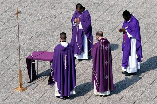 NO FRANCE - NO SWITZERLAND: March 29, 2020 : Four priests celebrate the Sunday Holy Mass from the roof of the church San Gabriele dell Addolorata in Rome , amid the spread of the COVID-19 (new coronavirus) pandemic  Copyright: x& xa9;AlessiaxGiuliani CPPx xIPAx x& xa9;CatholicxPressxPhotox
