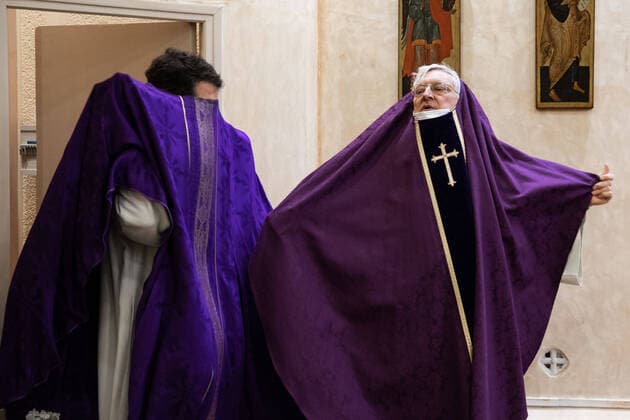 Paris, France, March 29, 2020 - Mass celebrated by videoconference during the Covid-19 epidemic inside the chapel of Sainte Odile church - In the presence of father Stephane Biaggi R)  Copyright: xAlexisxSciardx