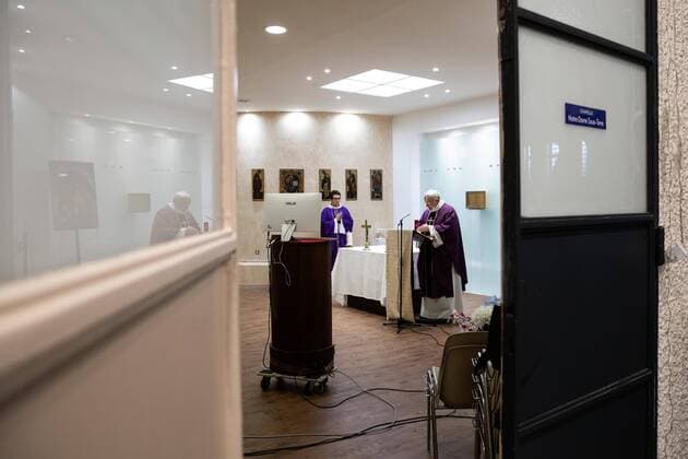 Paris, France, March 29, 2020 - Mass celebrated by videoconference during the Covid-19 epidemic inside the chapel of Sainte Odile church - In the presence of father Stephane Biaggi  Copyright: xAlexisxSciardx