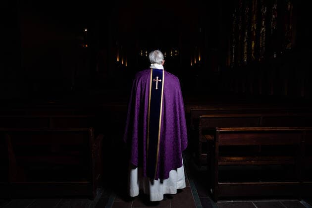 Paris, France, March 29, 2020 - Father Stephane Biaggi inside Sainte Odile church after celebrating a mass by videoconference during the Covid-19 epidemic.  Copyright: xAlexisxSciardx