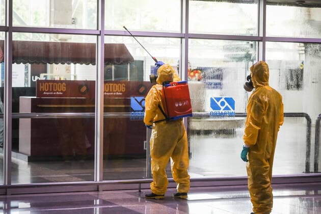 BELÉM, PA - 29.03.2020: DESCONTAMINAÇÃO DO AEROPORTO DE BELÉM - Val-de-Cão Airport (Belém International Airport) was decontaminated this Sunday (29th) to prevent the proliferation of COVID-19 (coronavirus). Action was promoted by the Joint Command of the North (CCN) with activity of the 2nd Battalion of Riverside Operations with the Nuclear, Biological, Chemical and Radiological Response Team. x1899419x  FilipexBispo